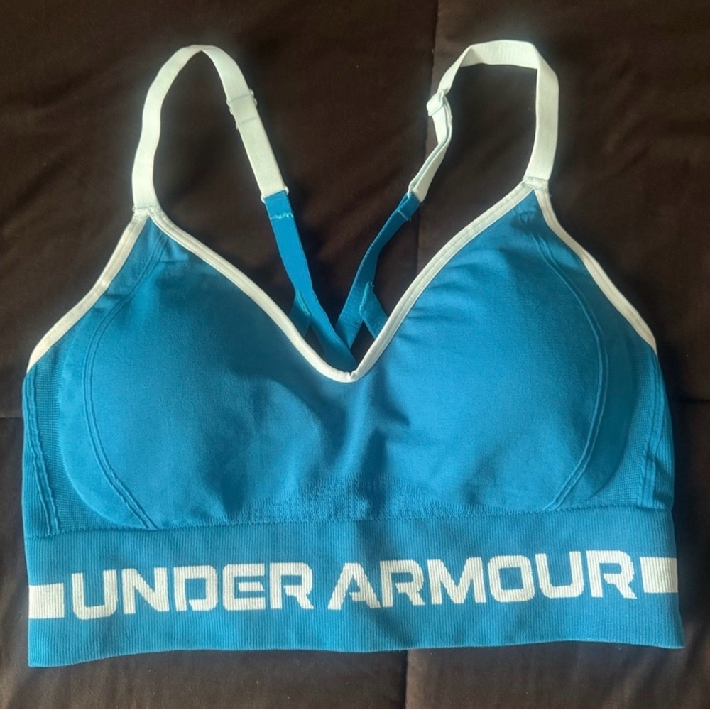 Under Armour Teal Blue & White Logo Seamless Sports Bra